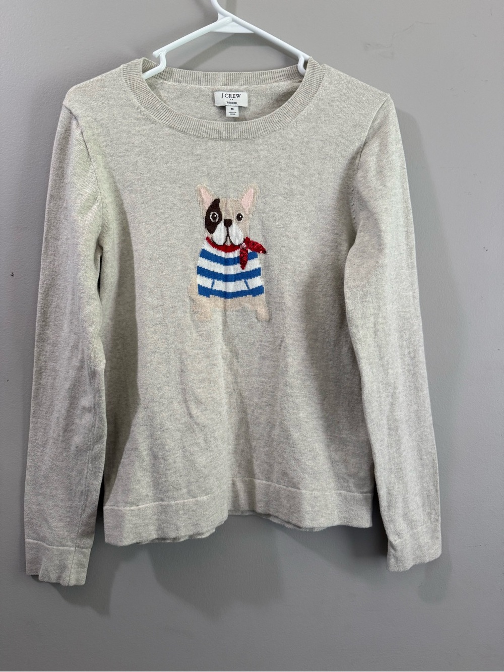 J. Crew Cream Crewneck Sweater with Striped Dog Motif